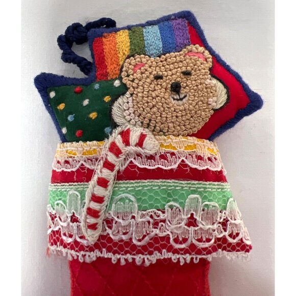 Handmade Hallmark Embroidered Christmas Stocking Ornament With Bear & Candy Cane - Picture 2 of 4